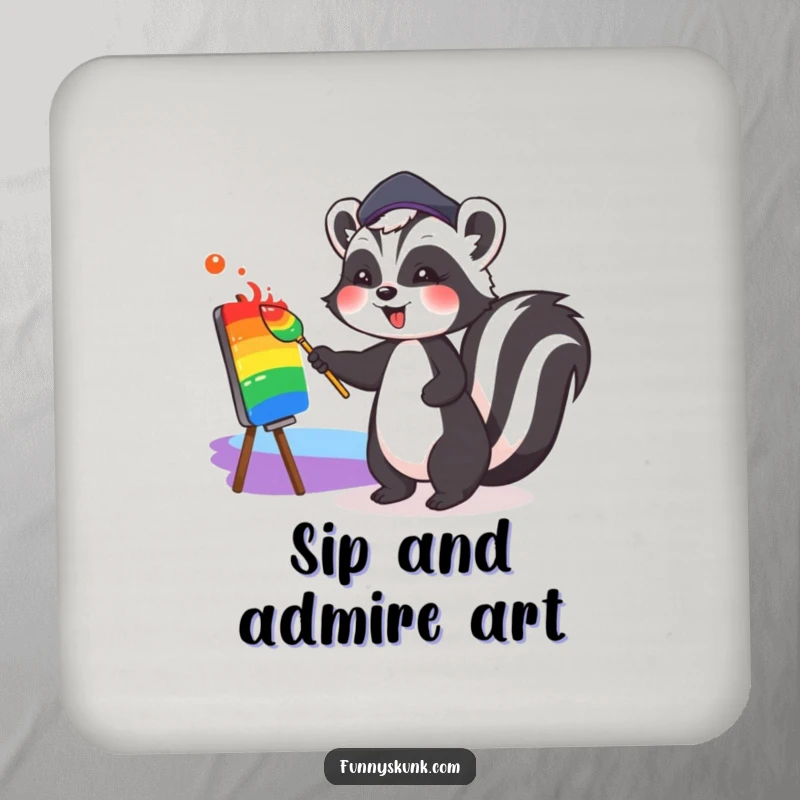 Funny drink coaster featuring a cute skunk in a beret, joyfully painting a colorful rainbow, adding artistic humor to any beverage setting.