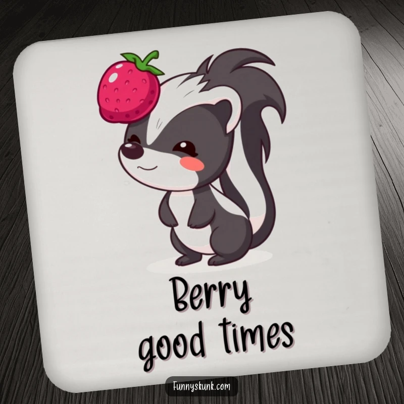 Funny skunk coaster, a skunk with a funny face balancing a small bouncing berry on its head, protecting surfaces.