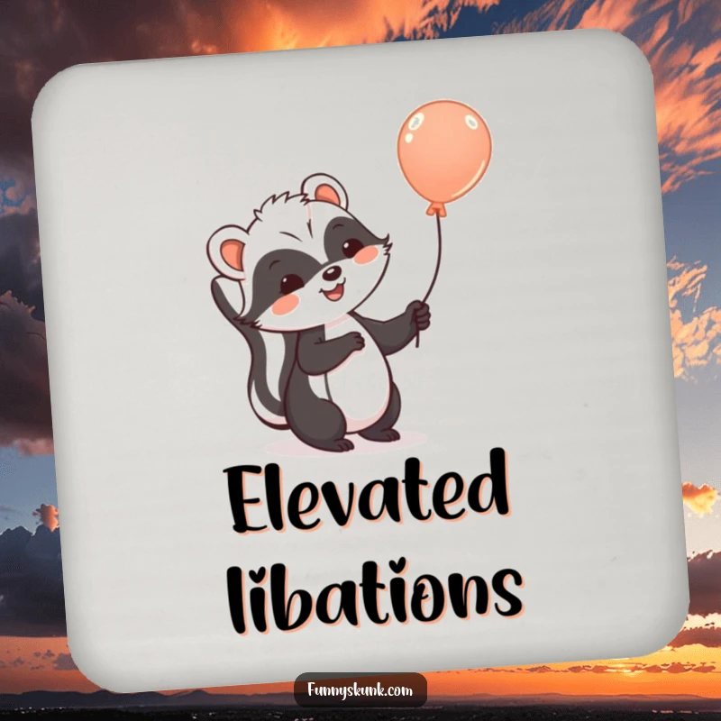 Funny skunk coaster featuring a cheerful skunk holding a balloon, floating gently upwards, a humorous and protective addition.