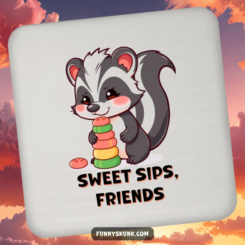 Funny skunk candy coaster showing a skunk character balancing a stack of colorful candies on its nose, a humorous table protector.