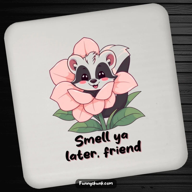 Funny skunk flower coasters featuring a skunk playfully peeking from behind a giant bloom, protecting surfaces with humor.
