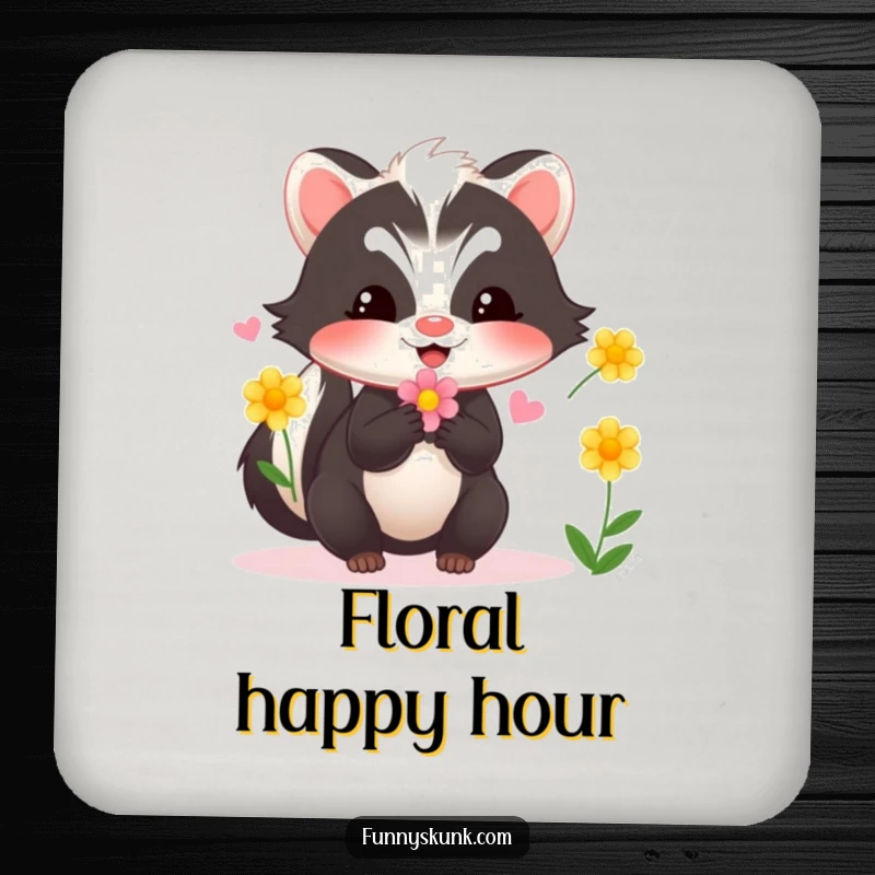 Funny skunk drink coasters depicting a skunk juggling flowers, protecting surfaces with a delightful and humorous artistic design.