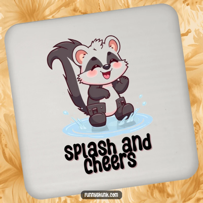 Funny skunk drink coaster featuring a giggling skunk in oversized boots splashing in a puddle, offering humorous protection.
