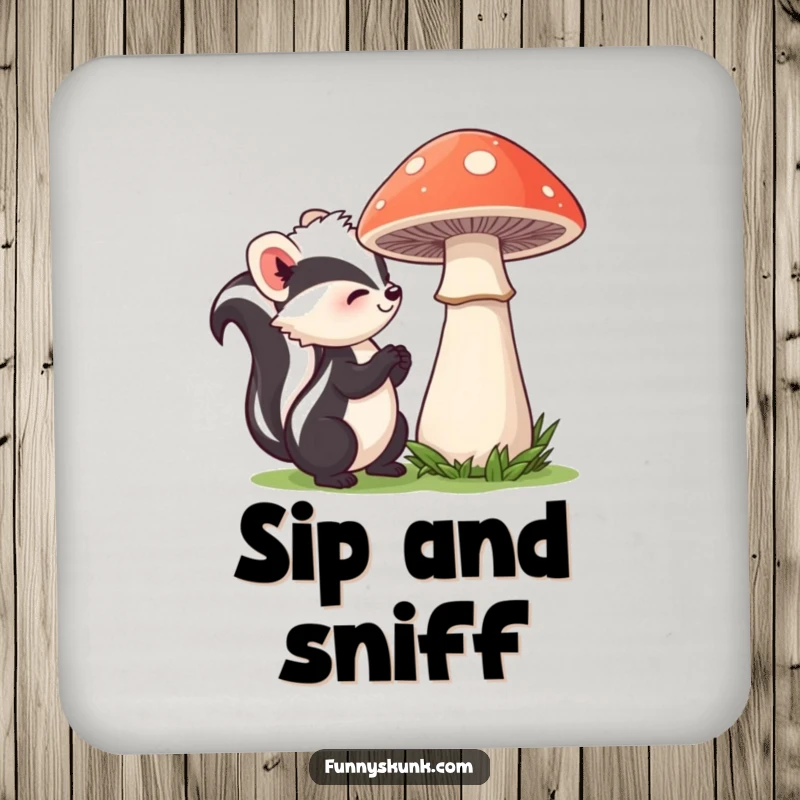 Funny skunk drink coasters depicting a curious skunk sniffing a shy mushroom, offering surface protection with a charming and humorous woodland theme.