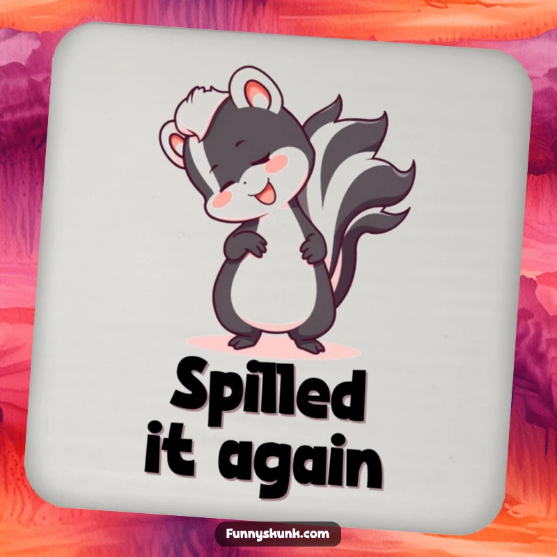 Funny skunk comically tripping over its tail with a grin on a protective drink coaster, adding humor to tabletops.