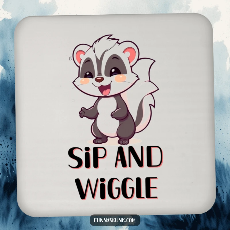 Funny skunk coaster showing a happy skunk in a silly pose, waddling with delight, a charming drink accessory.
