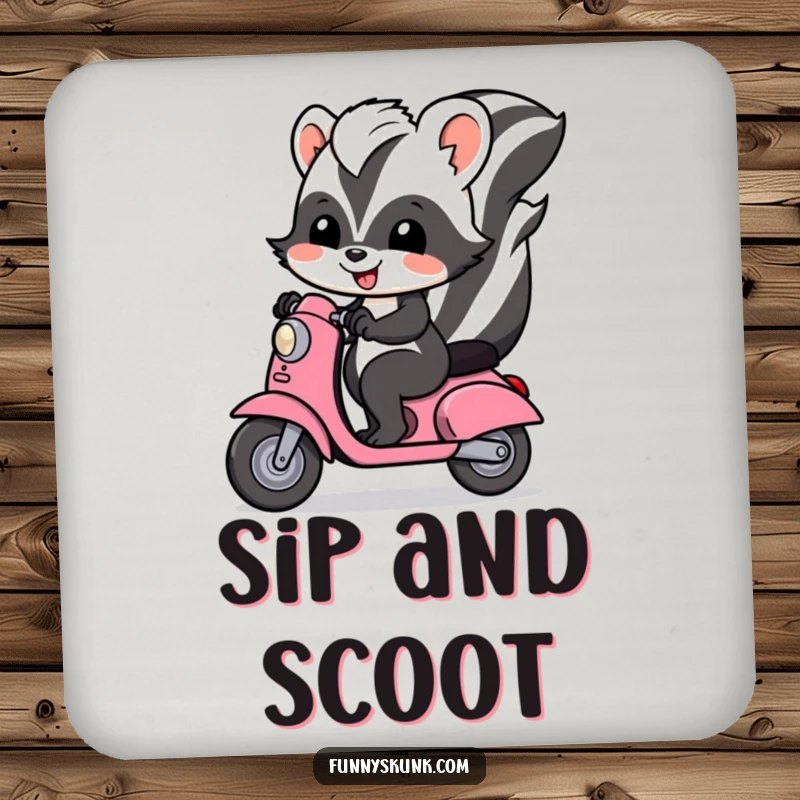 Funny skunk coaster showing a happy skunk riding a scooter, a small but impactful piece of humorous decor.