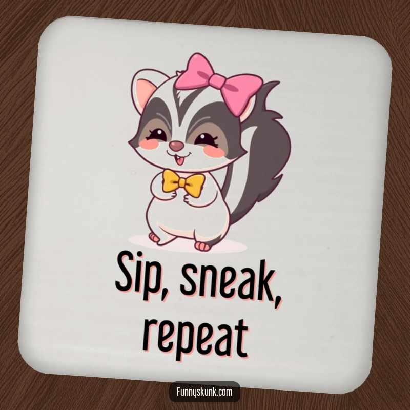 Funny skunk coaster showing a skunk with a bright bow, tiptoeing with mischievous glee, a charming drink accessory.