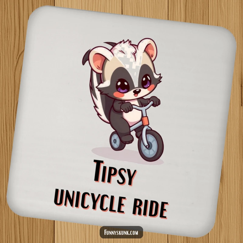 Funny skunk drink coasters depicting a skunk humorously attempting to balance on a unicycle, offering surface protection with a comical design.