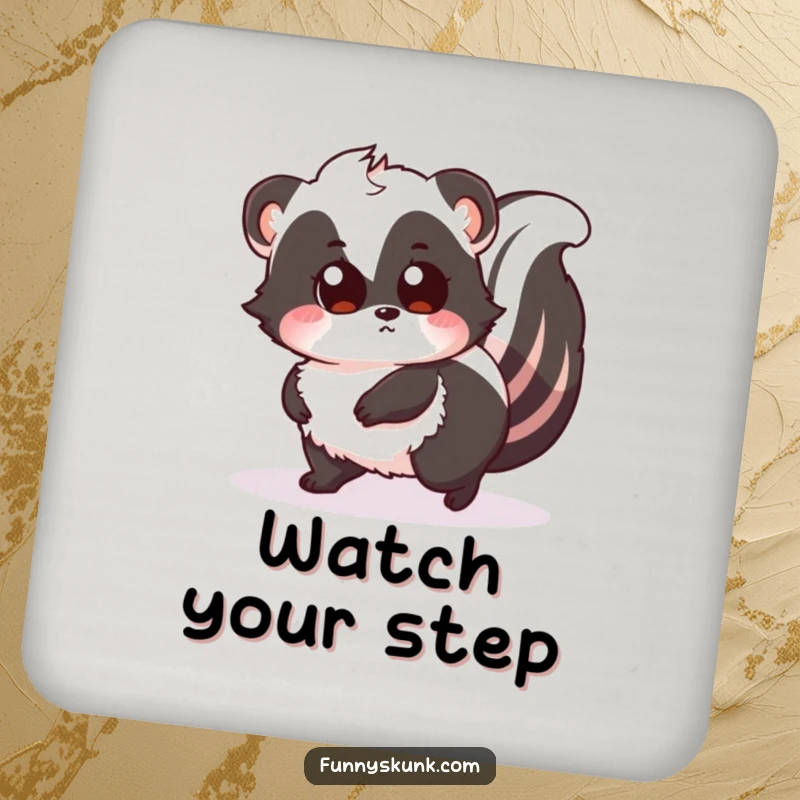 Funny drink coaster featuring a fluffy skunk tripping over its tail, eyes wide with surprise, adding comical humor to any beverage setting.