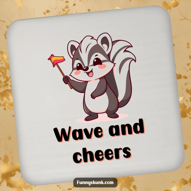 Funny skunk coaster, a skunk character bouncing and waving a small, colorful flag with excitement, protecting surfaces.