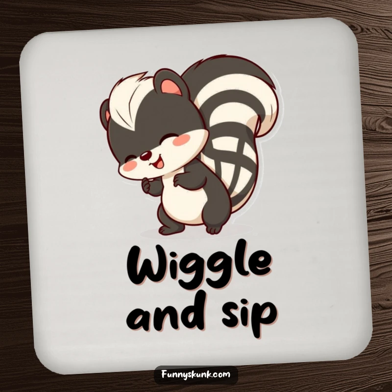 Funny skunk coaster, a skunk comically wiggling its striped tail with pure delight, protecting surfaces with humor.