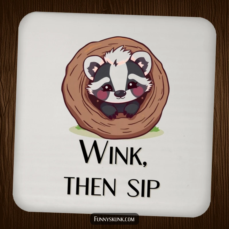 Funny skunk drink coaster featuring a mischievous skunk peeking from a hollow log with a playful wink, offering humorous protection.