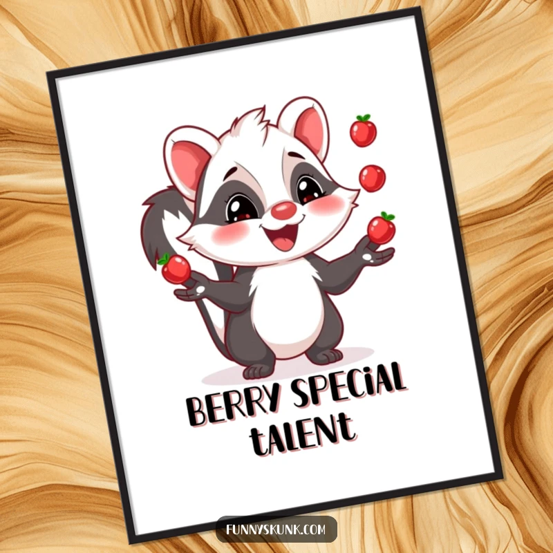 Funny skunk poster artwork of a skunk with a wide grin, skillfully juggling three small shiny berries, capturing joy and talent.
