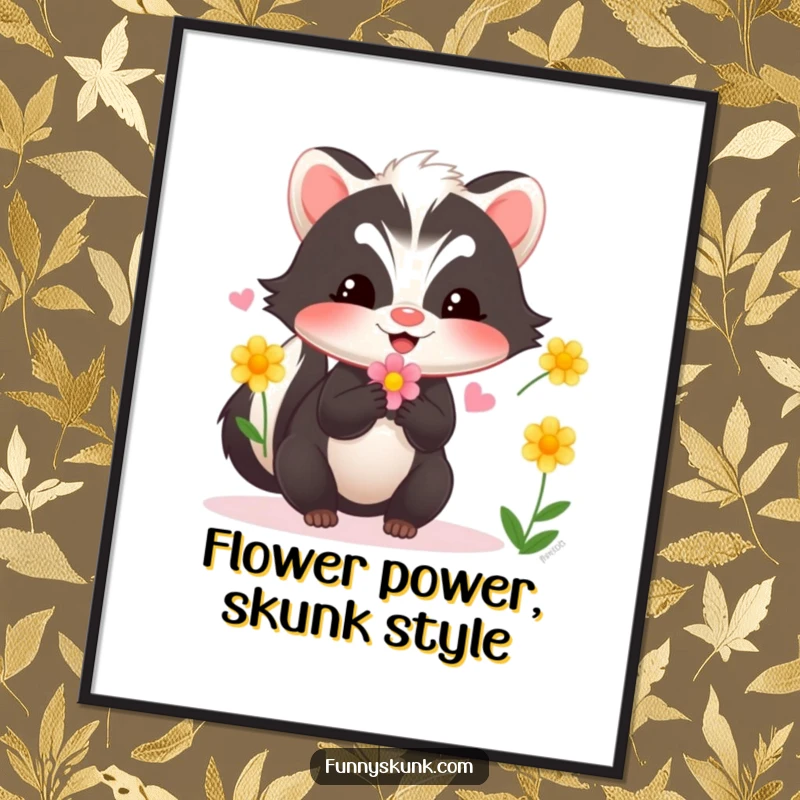 Funny skunk poster capturing a skunk's delightful moment juggling three small, blooming flowers, adding a touch of playful art to any room.