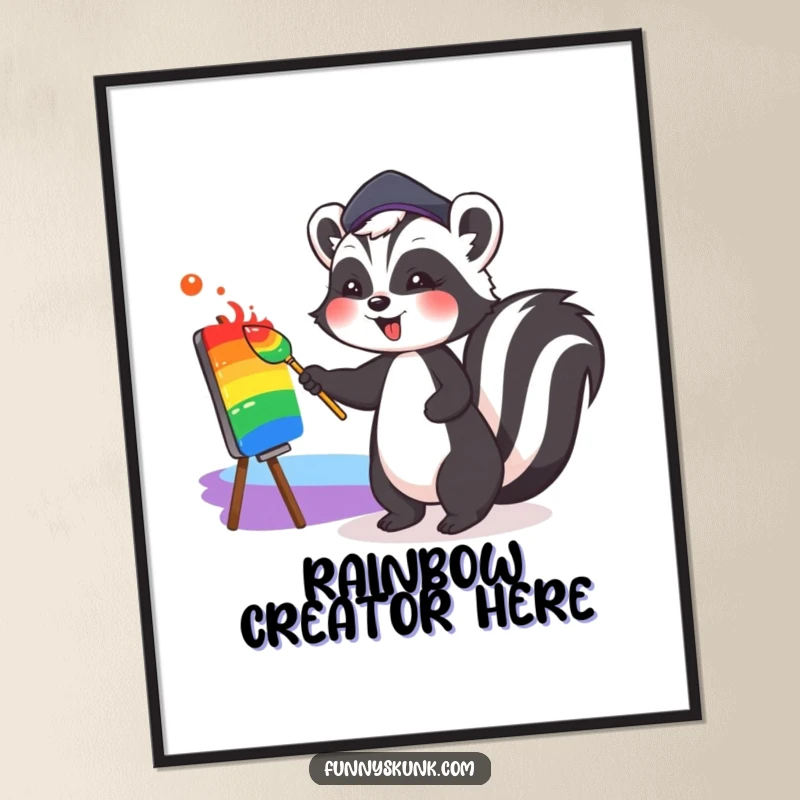 Funny poster of a cute skunk in a jaunty beret, joyfully painting a vibrant, colorful rainbow, adding a touch of whimsical art to any space.