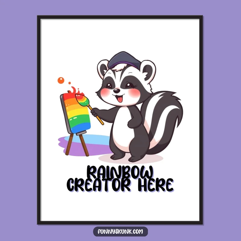 Funny Art Skunk Poster: Cute Beret Artist Painting Rainbows, Hilarious Wall Art