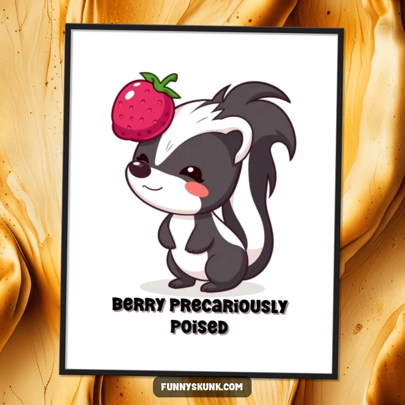 Funny skunk poster, a skunk with a funny, strained face, concentrating hard to balance a bouncing berry on its head.