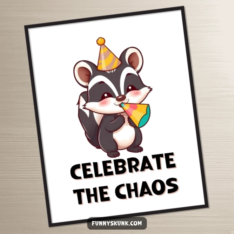 Funny skunk poster artwork of a skunk in a party hat blowing a colorful noisemaker, capturing festive joy.