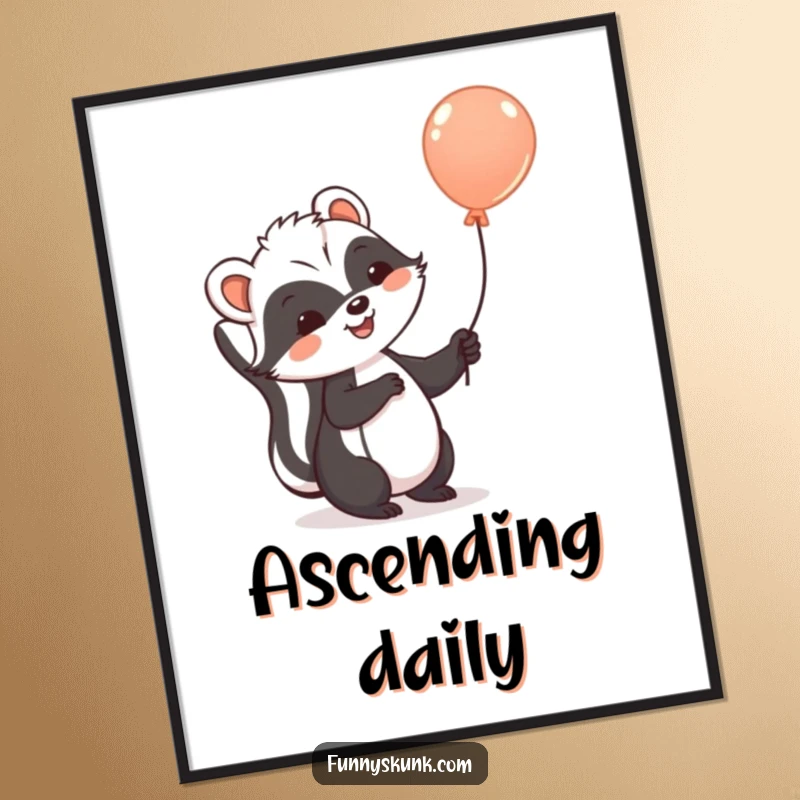 Funny skunk poster featuring a cheerful skunk holding a balloon, floating gently upwards, depicting whimsical and uplifting wall art.