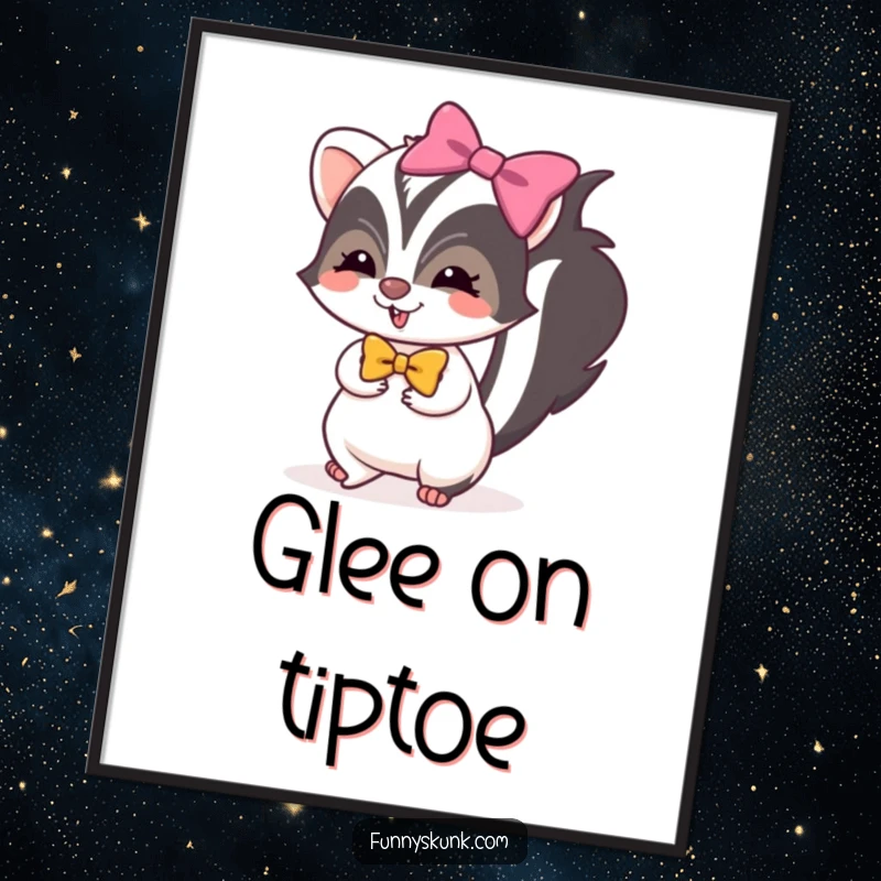 Funny skunk poster showing a skunk in a bright bow, tiptoeing with mischievous glee, perfect for playful wall decor.
