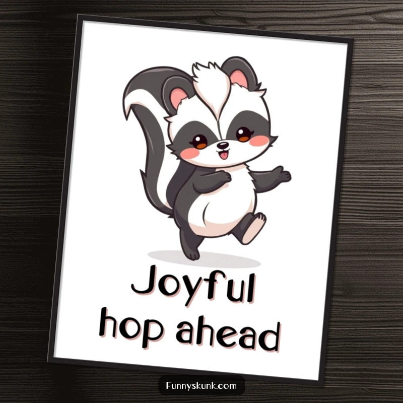 Funny skunk poster artwork of a fluffy skunk doing a happy little hop with its tail held high, radiating pure joy.