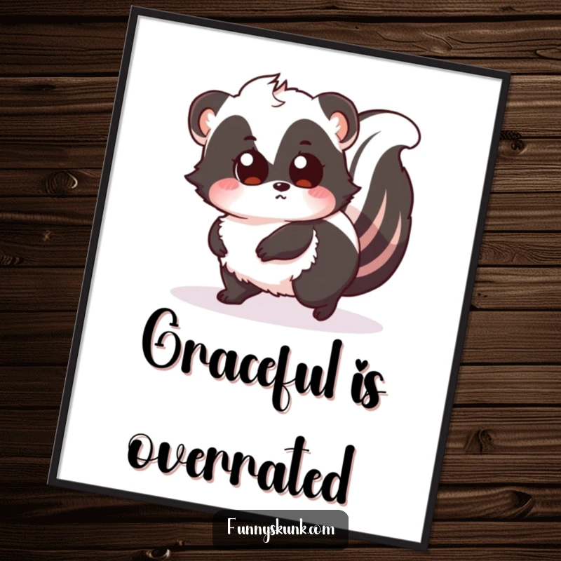 Funny poster of a fluffy skunk comically tripping over its tail, eyes wide with surprise, creating a humorous and adorable scene.