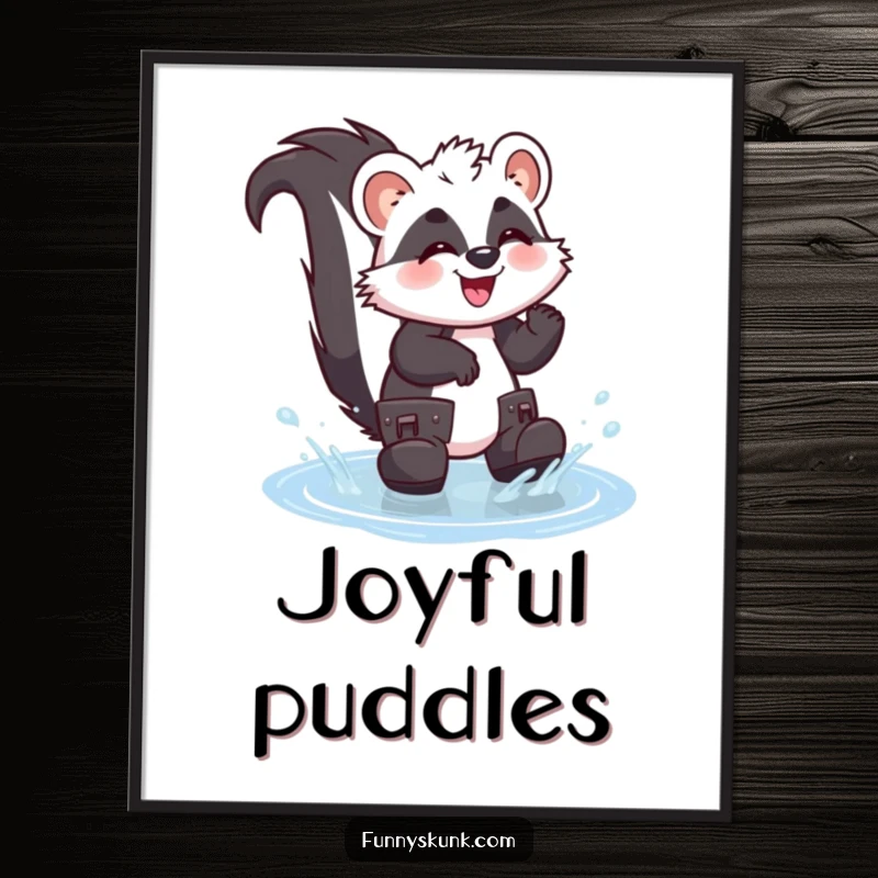 Funny skunk poster of a giggling skunk wearing large boots, splashing with delight in a small puddle, embodying rainy day fun.
