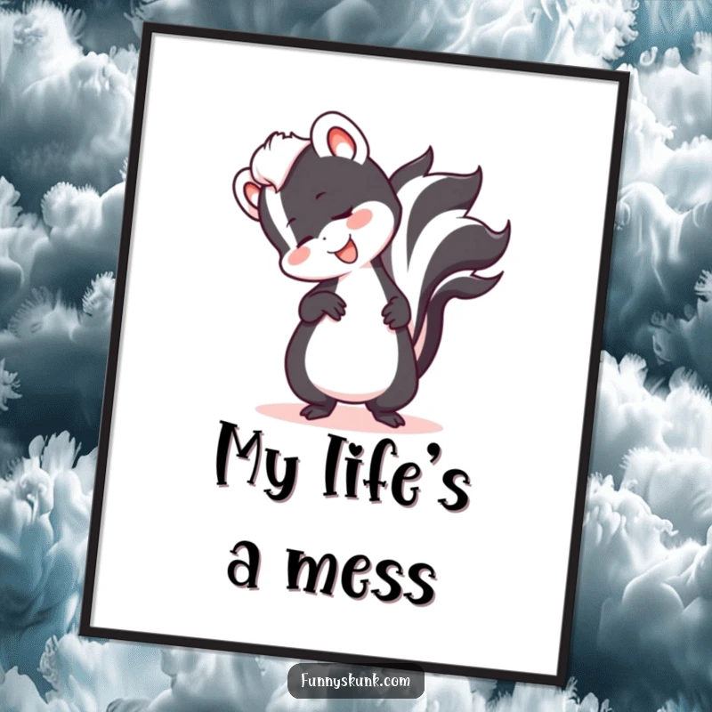 Funny skunk comically tripping over its tail with a happy expression on a wall poster, bringing humor to any room.
