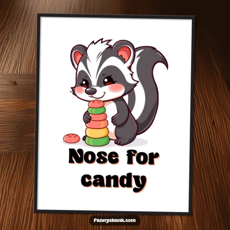 Funny skunk poster of a skunk character balancing a tall stack of colorful candies on its nose, a humorous display of skill.