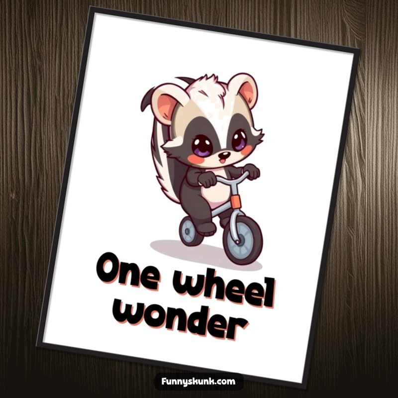 Funny skunk poster capturing a skunk's determined but wobbly attempt at riding a small unicycle, bringing humor and visual interest.