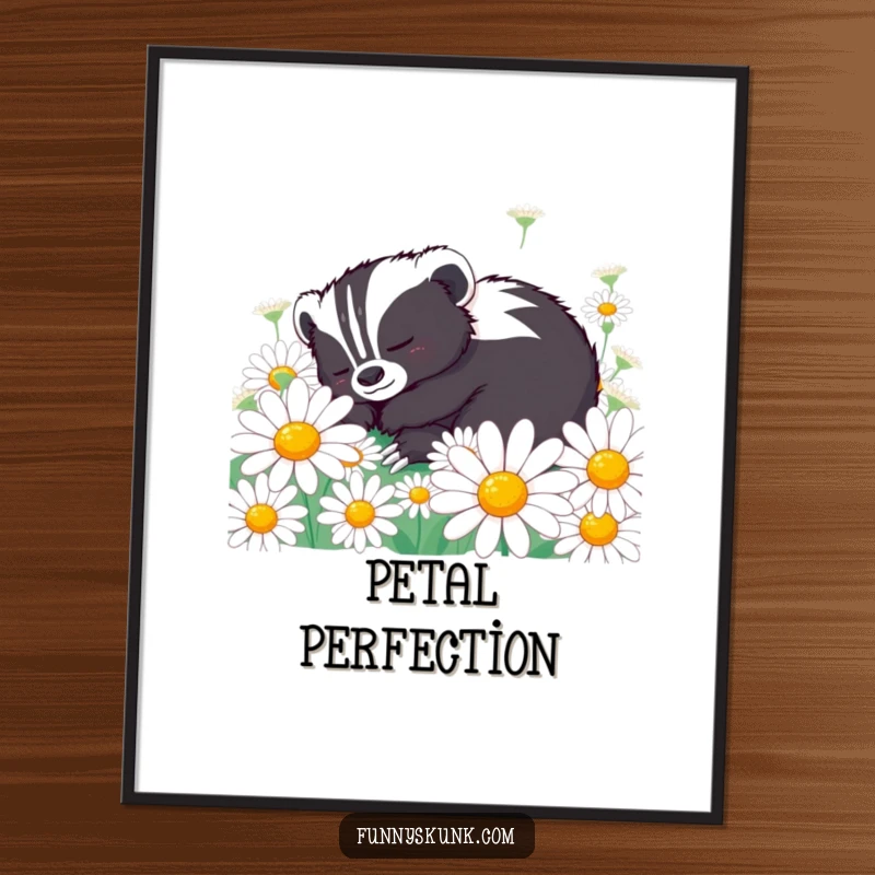 Funny skunk poster showing a content skunk peacefully napping in a bed of oversized daisies, bringing serene floral humor.