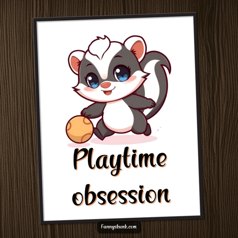 Funny skunk poster showing a skunk with wide eyes playfully chasing a bouncing ball, perfect for energetic wall decor.