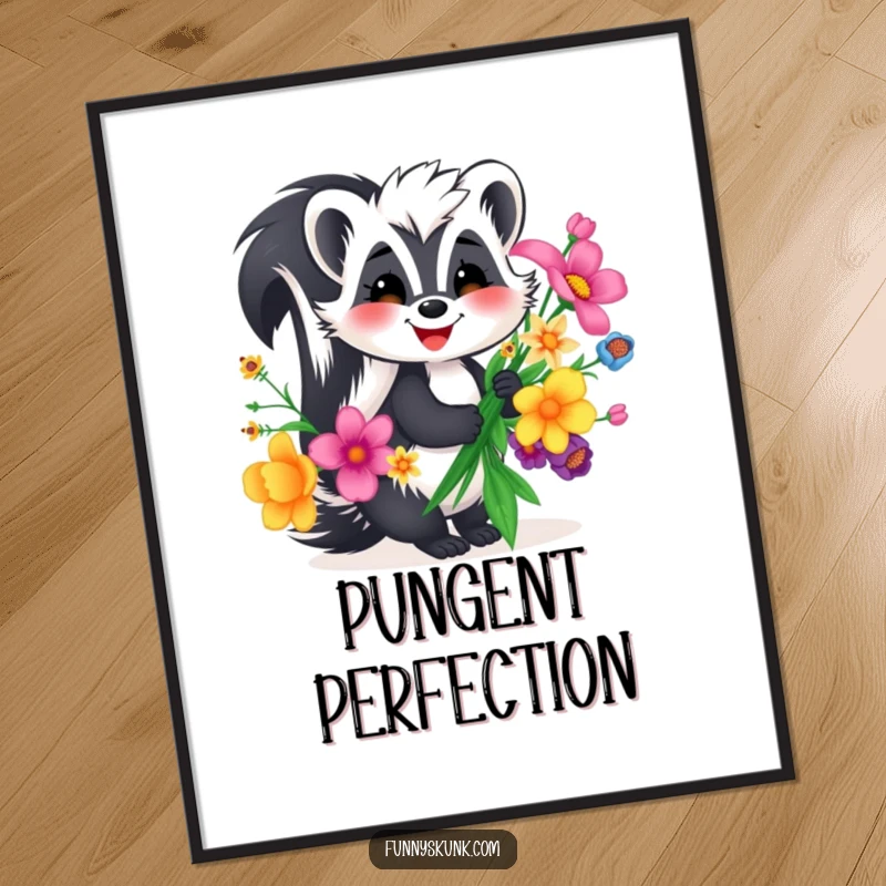 Funny skunk poster, a delightfully smiling skunk holding a large, vibrant bouquet of unusual flowers, cheerful wall art.