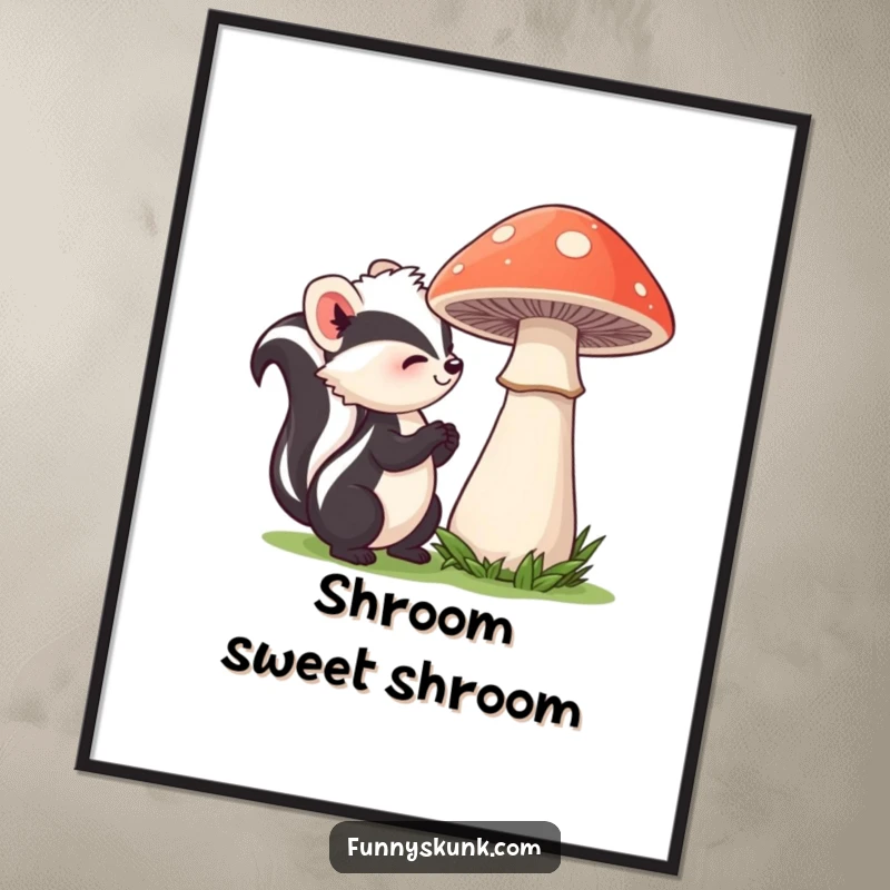 Funny skunk poster showcasing a curious skunk's gentle sniff of a giant, shy mushroom, creating a peaceful and whimsical forest scene.