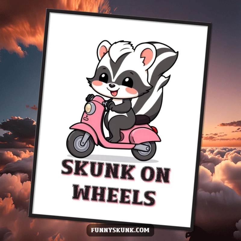Funny skunk poster featuring a joyful skunk riding a tiny scooter, perfect for adding quirky and humorous wall decor.