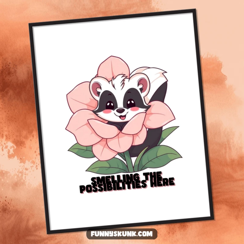 Funny skunk poster artwork depicting a skunk playfully peeking from behind a giant, blooming flower, adding whimsy to walls.