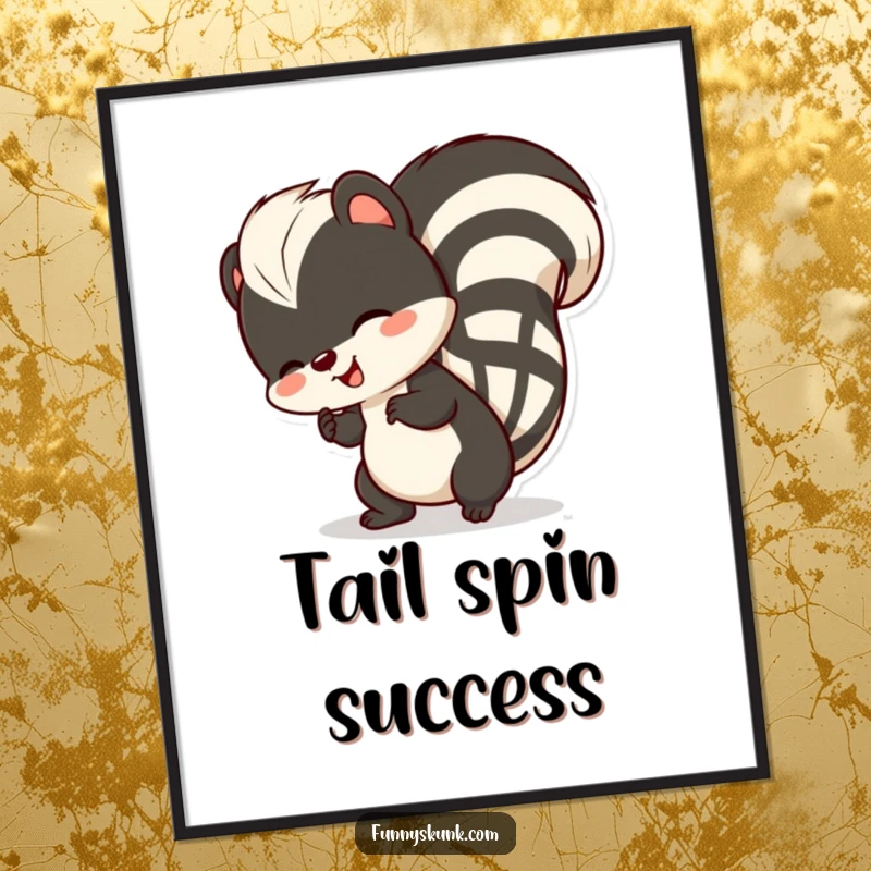 Funny skunk poster, a skunk comically performing a vigorous tail wiggle with absolute delight, a humorous art piece.