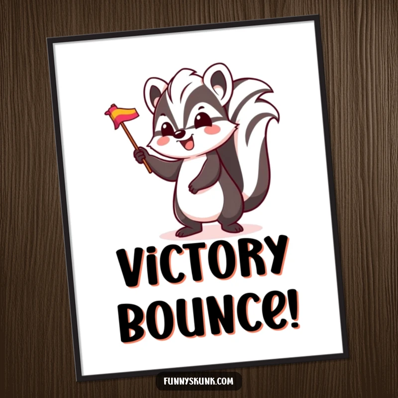 Funny skunk poster, a skunk character bouncing enthusiastically while waving a small, colorful flag, radiating pure joy.