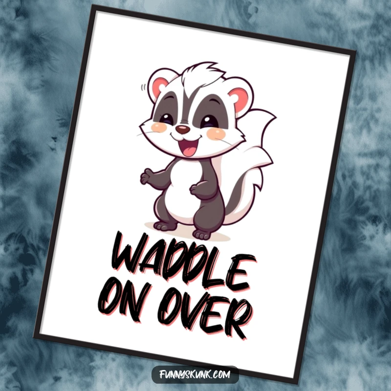 Funny skunk poster showing a happy skunk in a silly pose, waddling with delight, perfect for humorous wall decor.