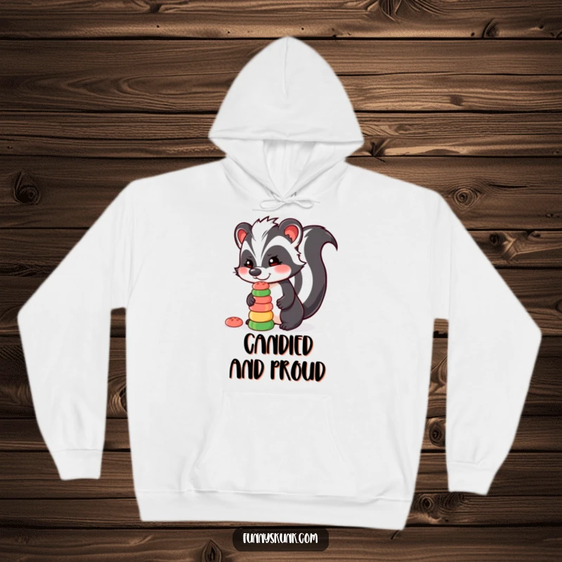 Funny skunk hoodie depicting a skunk character balancing a tower of colorful candies on its nose with focus and playfulness.