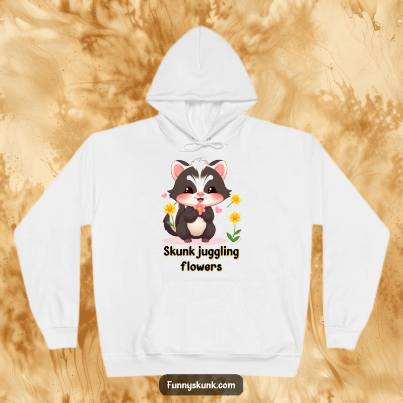 Funny skunk hoodie illustrating a content skunk juggling a bouquet of vibrant flowers, perfect for staying warm and showcasing playful style.
