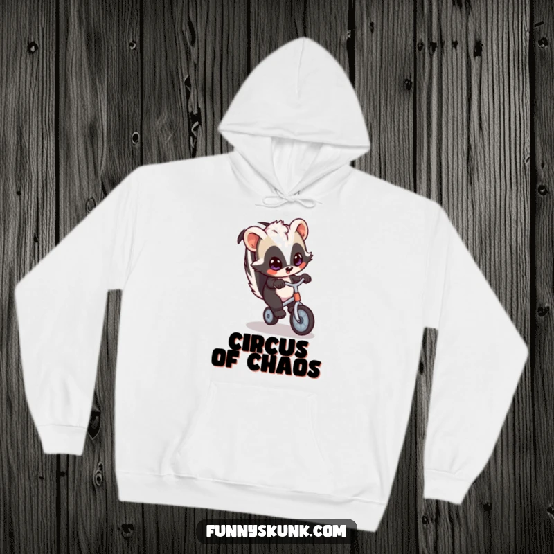 Funny skunk hoodie depicting a skunk with wide eyes humorously riding a tiny unicycle, offering warmth and a dose of playful absurdity.