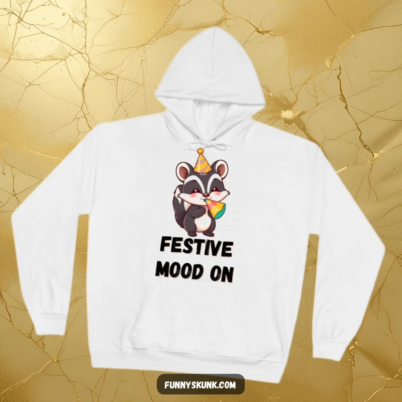 Funny skunk hoodie showing a skunk in a party hat blowing a colorful noisemaker, combining coziness and celebration.