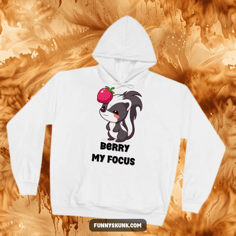 Funny skunk hoodie, a skunk with a funny, intense expression, balancing a single, bouncing berry perfectly on its head.