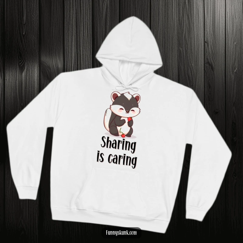 Funny shy skunk hoodie featuring a skunk offering a small, sweet berry, its hopeful expression conveying a heartwarming and humorous scene.