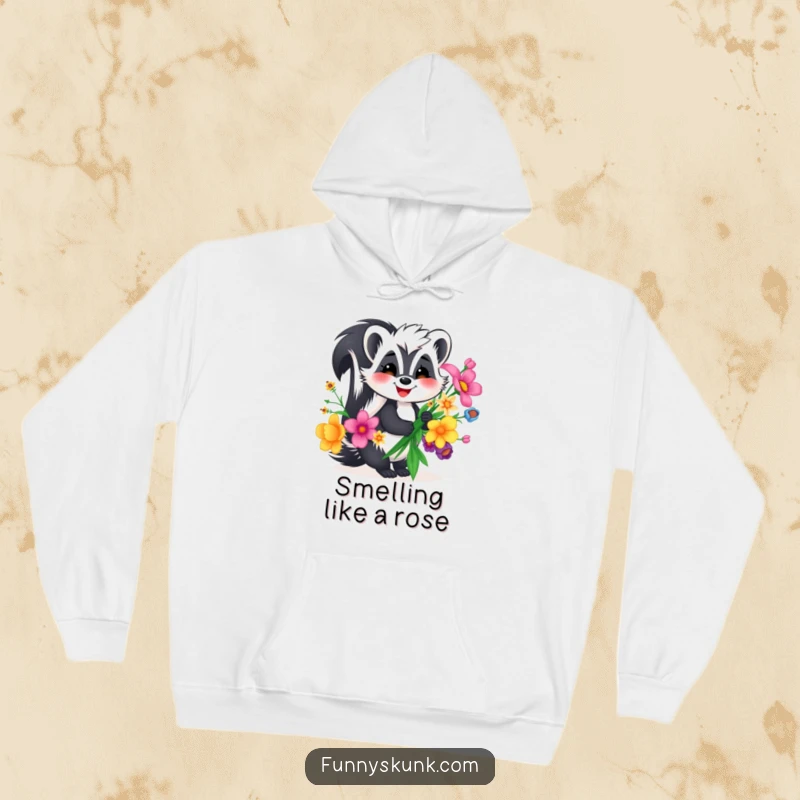 Funny skunk hoodie, a joyful skunk with a bright smile holding a vibrant bouquet of unique flowers.
