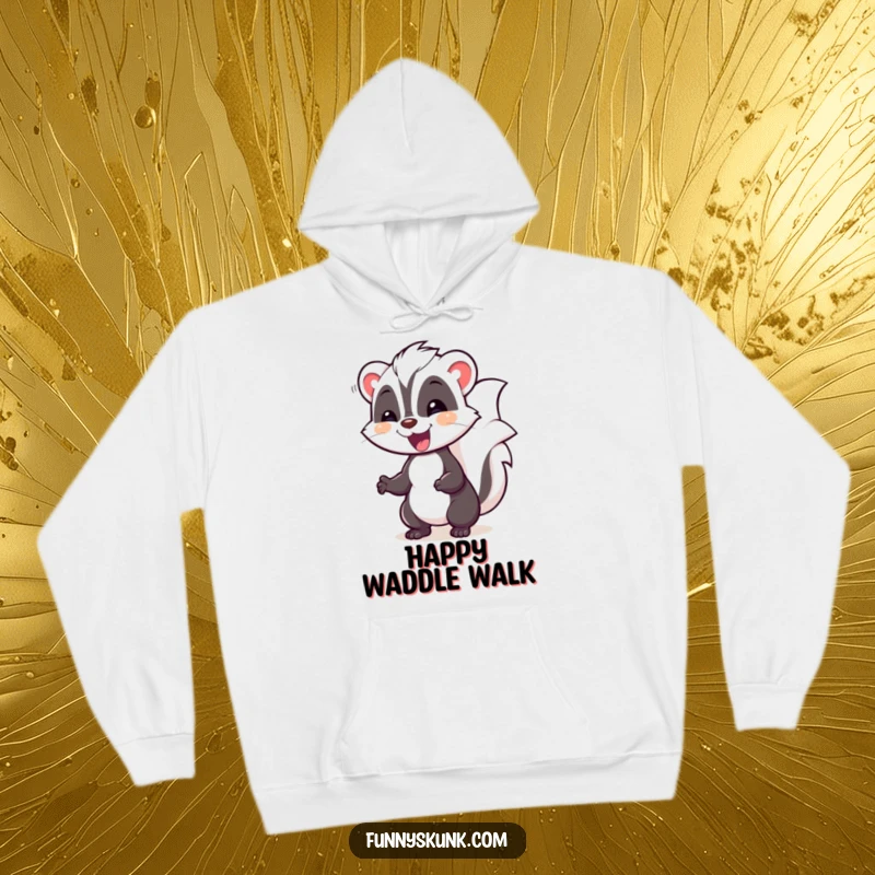 Funny skunk hoodie showing a happy skunk in a silly pose, waddling with delightful charm, perfect for cozy humor.