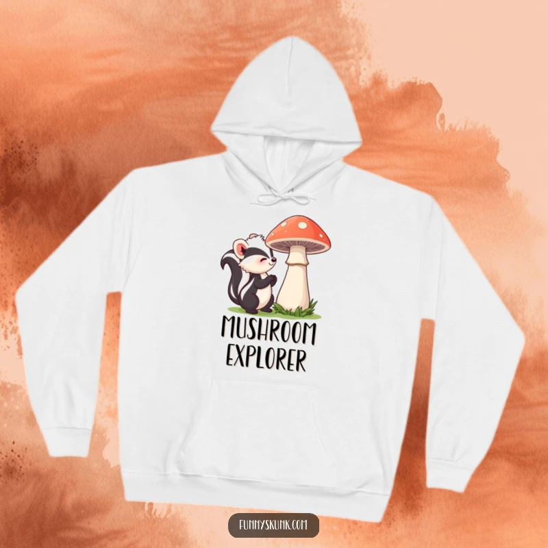 Funny skunk hoodie depicting a curious skunk gently sniffing a shy mushroom, perfect for staying warm while exploring nature's subtle wonders.