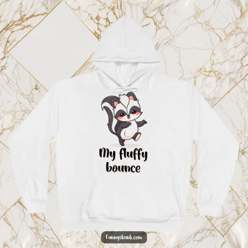 Funny skunk hoodie showing a fluffy skunk mid-hop with tail high, embodying comfort and playful happiness.